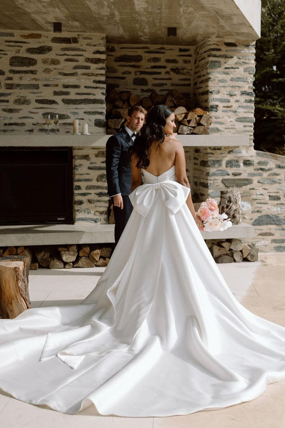 Ball Gown Sweetheart Satin Long Wedding Dress with Big Bow