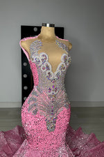 Pink Scoop Sleeveless Mermaid Prom Dresses Sequins Long With Beadings