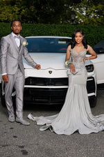 Modern Straps Sweetheart Silver Mermaid Prom Dress Sleeveless With Crystals Beadings