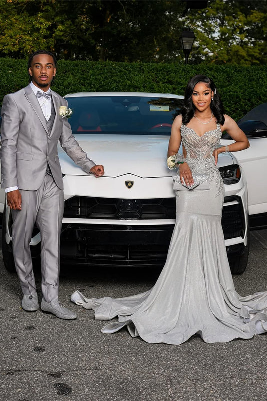 Modern Straps Sweetheart Silver Mermaid Prom Dress Sleeveless With Crystals Beadings