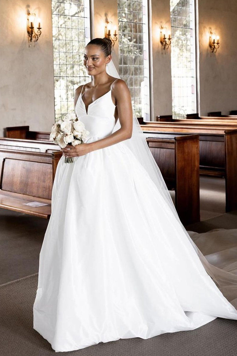 Elegant A-Line V Neck Satin Wedding Dresses