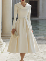 Ivory Bow Belted Midi Evening Dress With Wide Collar