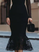 Elegant Black Mesh Sleeve Lace Mermaid Midi Dress