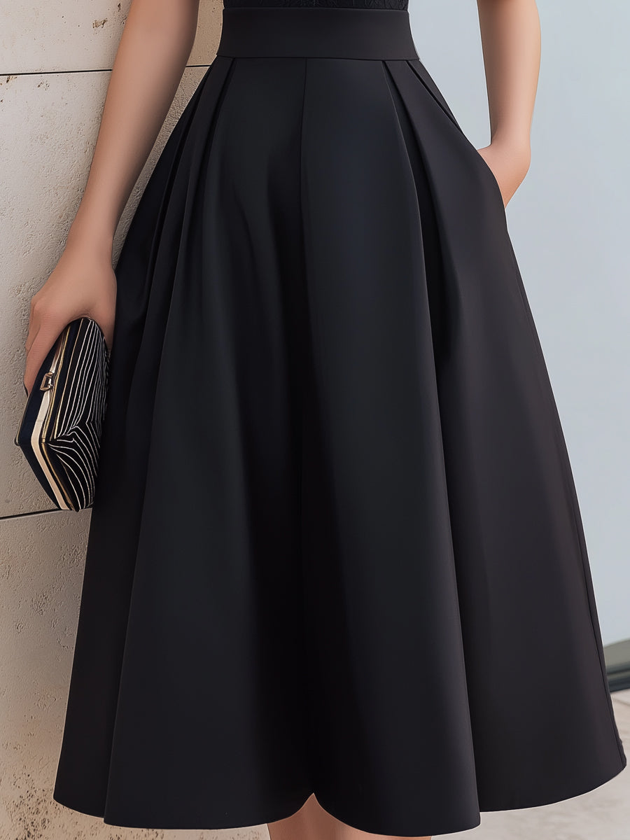 High-Neck Lace Bodice A-Line Midi Dress