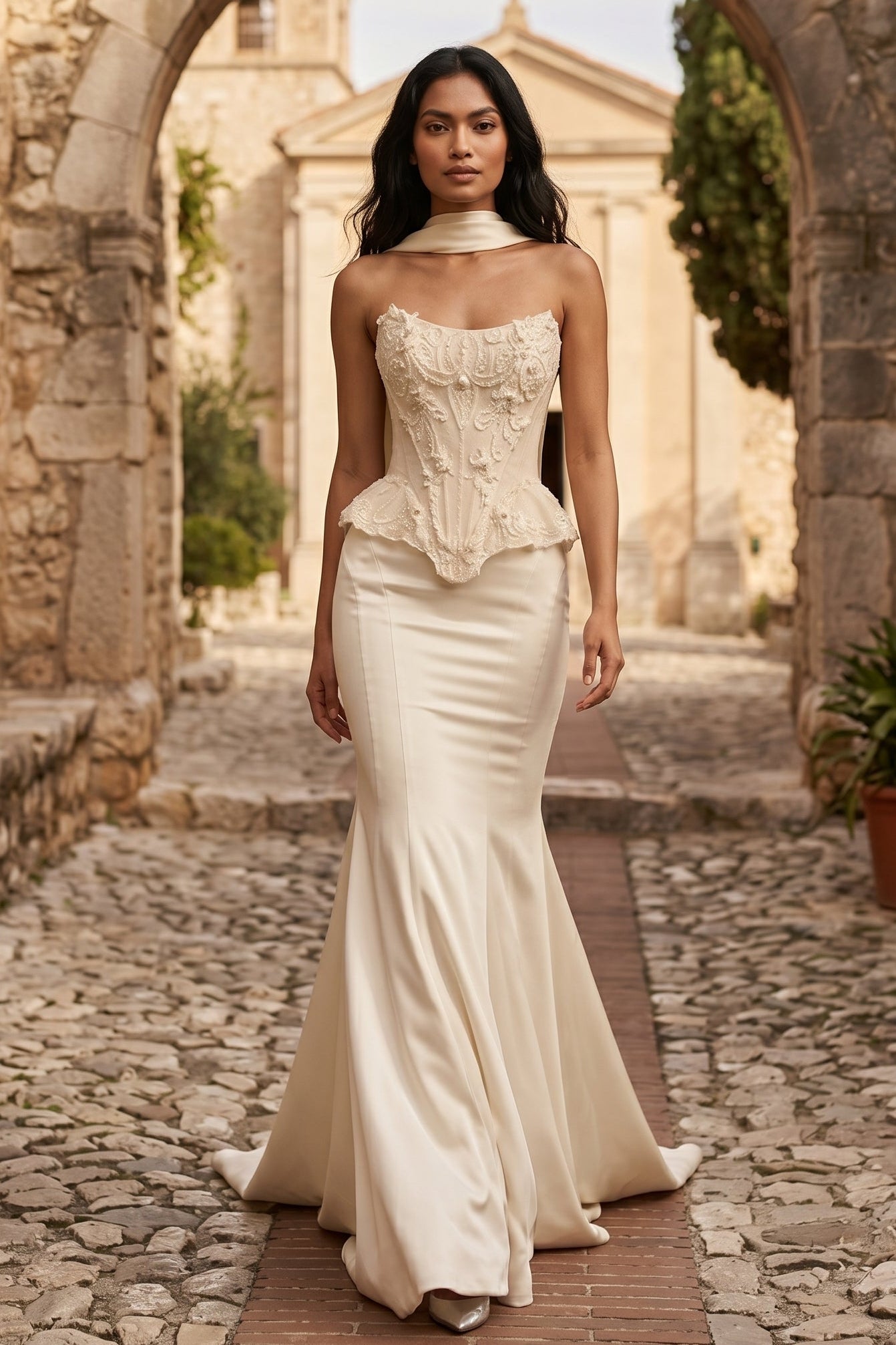 Sweetheart Shawl Sleeveless Applique Mermaid Floor-Length Wedding Dress