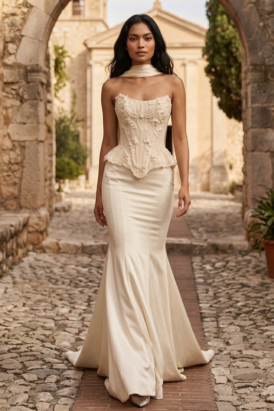 Sweetheart Shawl Sleeveless Applique Mermaid Floor-Length Wedding Dress