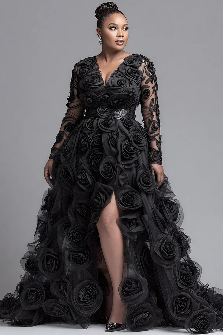Plus Size Formal Black V Neck Long Sleeve 3D Elegant Split Tulle Maxi Dresses