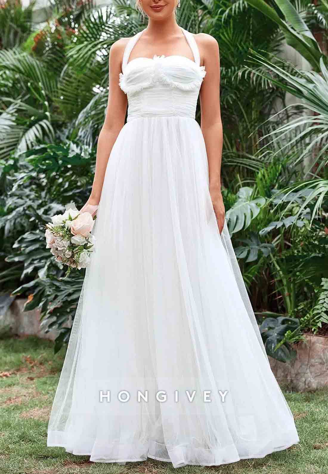 Halter Neck A-Line Ruched Bustier Mesh Floor-Length Wedding Dress