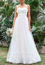 Halter Neck A-Line Ruched Bustier Mesh Floor-Length Wedding Dress