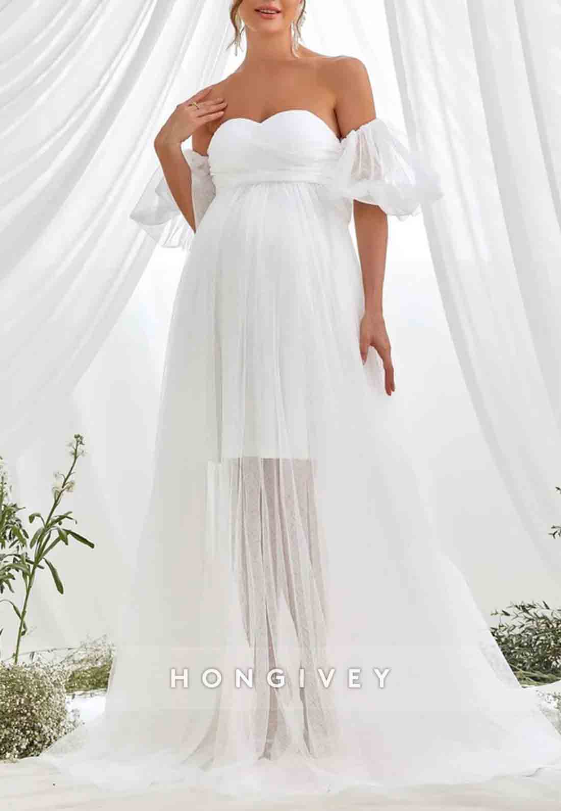 Maternity Sweetheart Off the Shoulder Puff Sleeve Mesh Overlay Wedding Dress