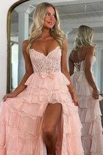 Princess A-Line Strapless Pink Ruffle Tiered Corset Long Prom Dresses with Slit