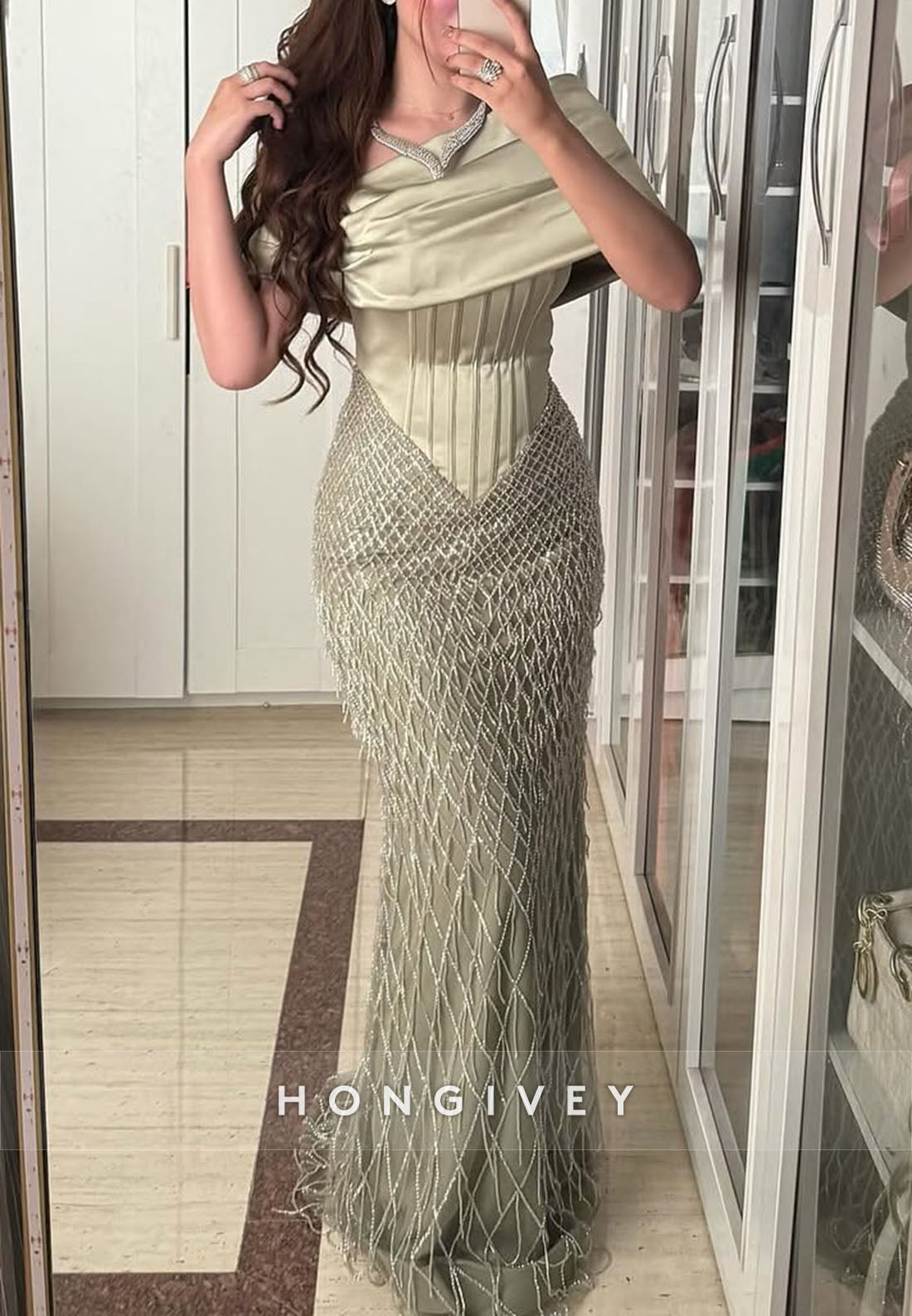 Dusty Sage Column Floor-Length Shawl Evening Gowns with Satin Corset