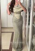 Dusty Sage Column Floor-Length Shawl Evening Gowns with Satin Corset