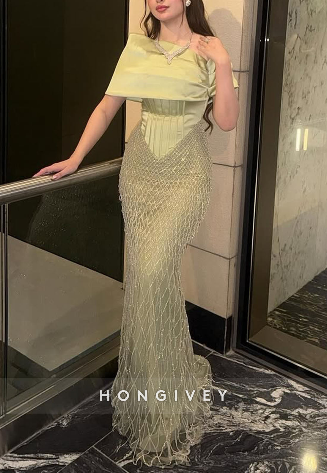 Dusty Sage Column Floor-Length Shawl Evening Gowns with Satin Corset