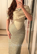 Dusty Sage Column Floor-Length Shawl Evening Gowns with Satin Corset