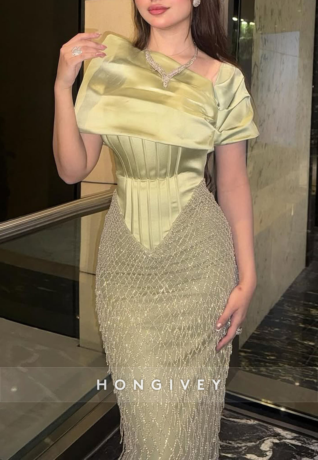 Dusty Sage Column Floor-Length Shawl Evening Gowns with Satin Corset