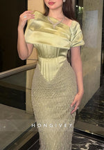 Dusty Sage Column Floor-Length Shawl Evening Gowns with Satin Corset