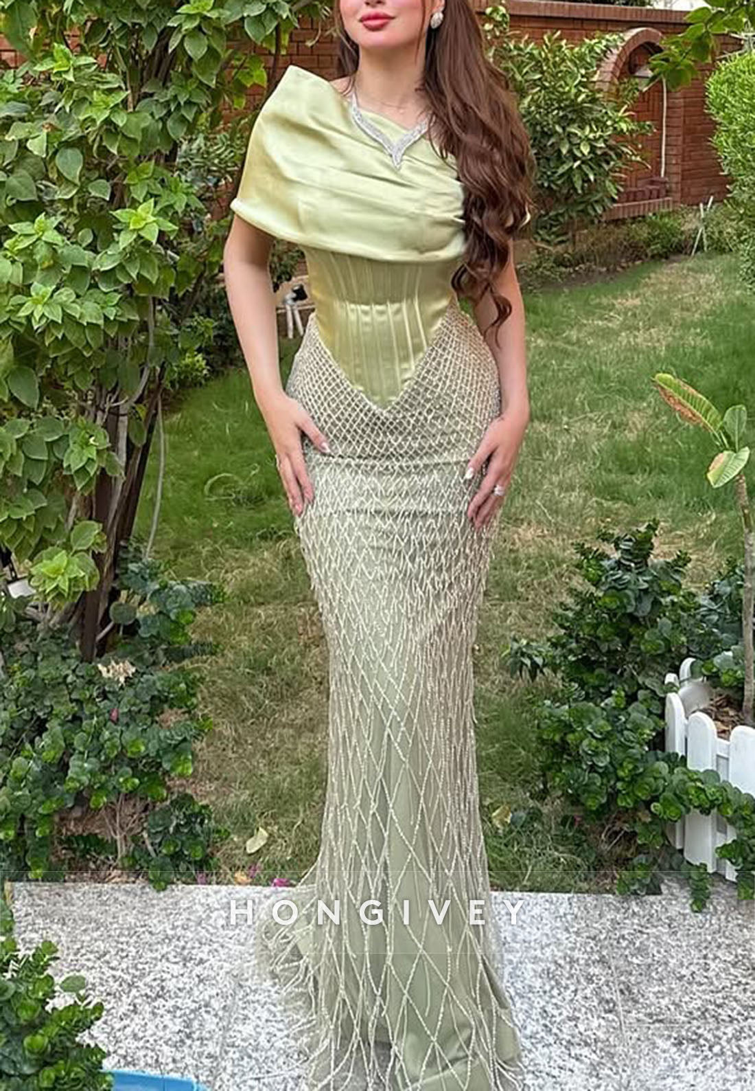 Dusty Sage Column Floor-Length Shawl Evening Gowns with Satin Corset