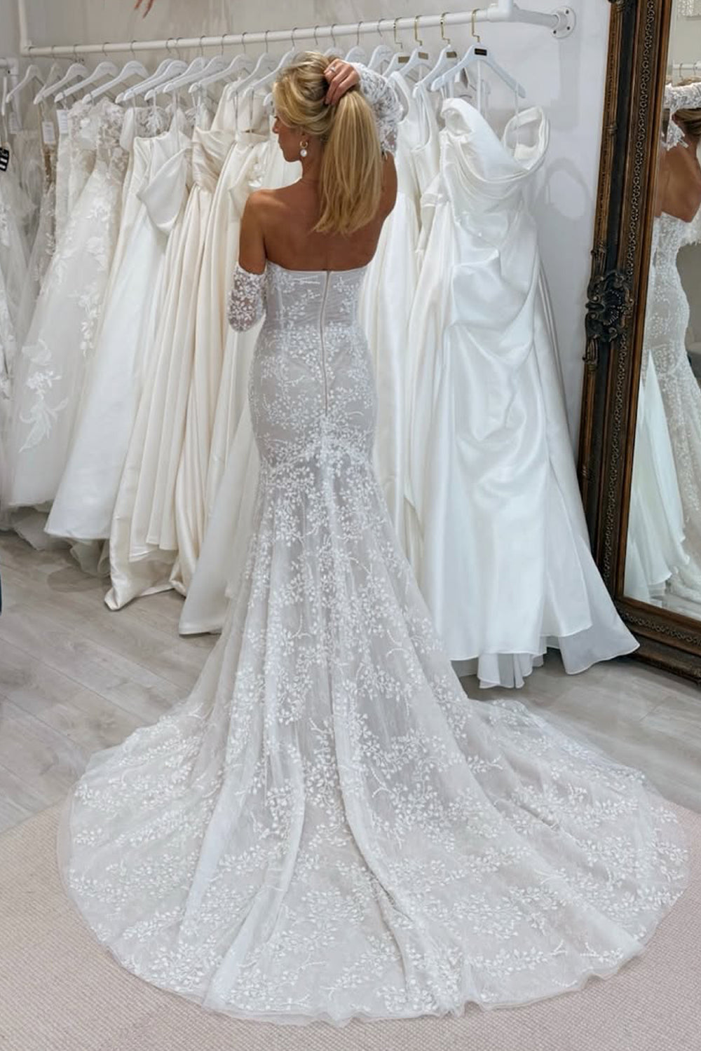 Boho Mermaid Off the Shoulder Long Sleeves Lace Wedding Dress