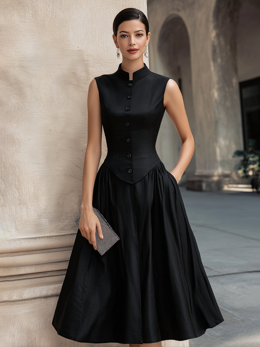 Sleeveless Buttoned Waist-Defined Midi Dress