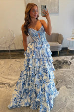 Cute A Line V Neck Flower Print Satin Prom Dress with Beading