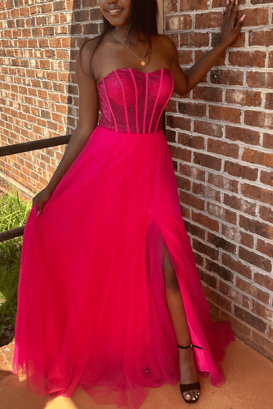 A-Line Strapless Beads Empire-Waist Sleeveless Prom Dress With Slit