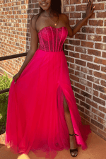 A-Line Strapless Beads Empire-Waist Sleeveless Prom Dress With Slit