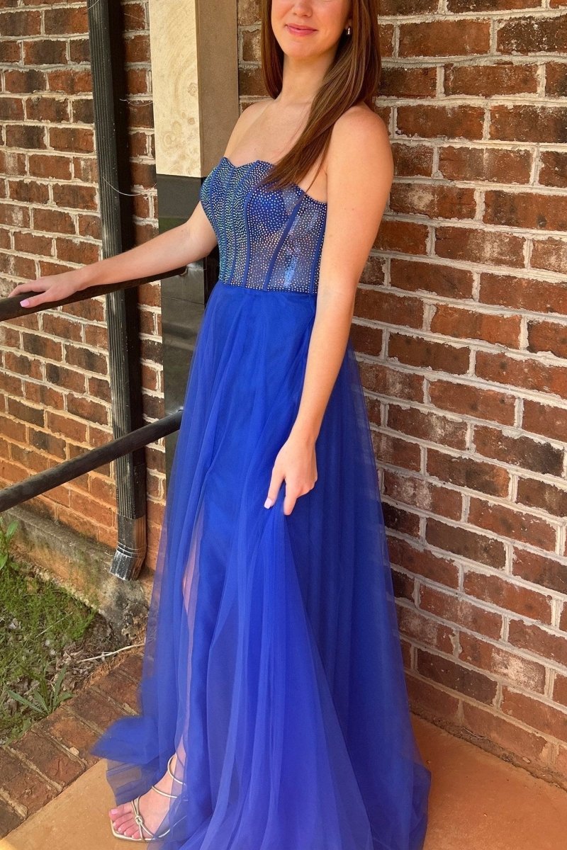 A-Line Strapless Beads Empire-Waist Sleeveless Prom Dress With Slit