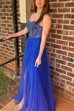 A-Line Strapless Beads Empire-Waist Sleeveless Prom Dress With Slit