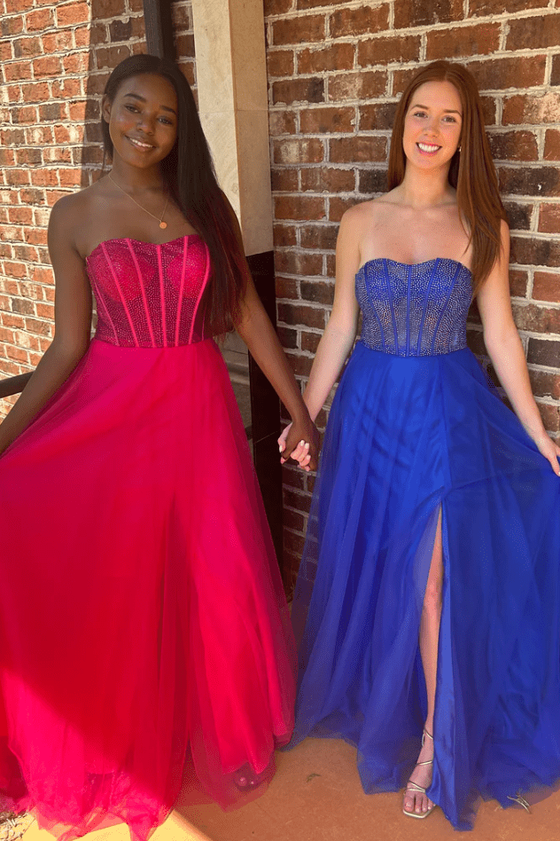 A-Line Strapless Beads Empire-Waist Sleeveless Prom Dress With Slit