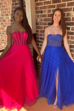 A-Line Strapless Beads Empire-Waist Sleeveless Prom Dress With Slit
