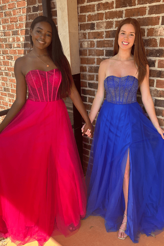 A-Line Strapless Beads Empire-Waist Sleeveless Prom Dress With Slit
