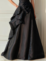 Black One-Shoulder Sculpted Ruffle Evening Dress