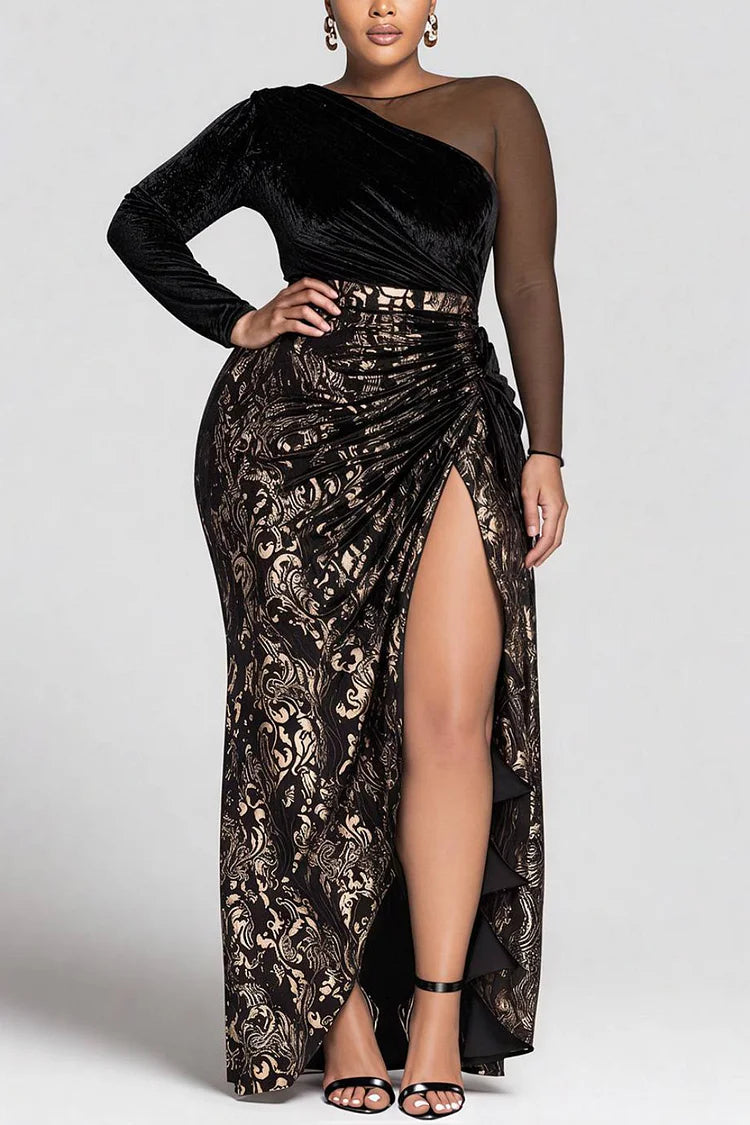 Plus Size Formal Black All Over Print Round Neck Long Sleeve Contrast Elegant Split Velvet Maxi Dresses