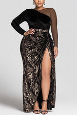 Plus Size Formal Black All Over Print Round Neck Long Sleeve Contrast Elegant Split Velvet Maxi Dresses