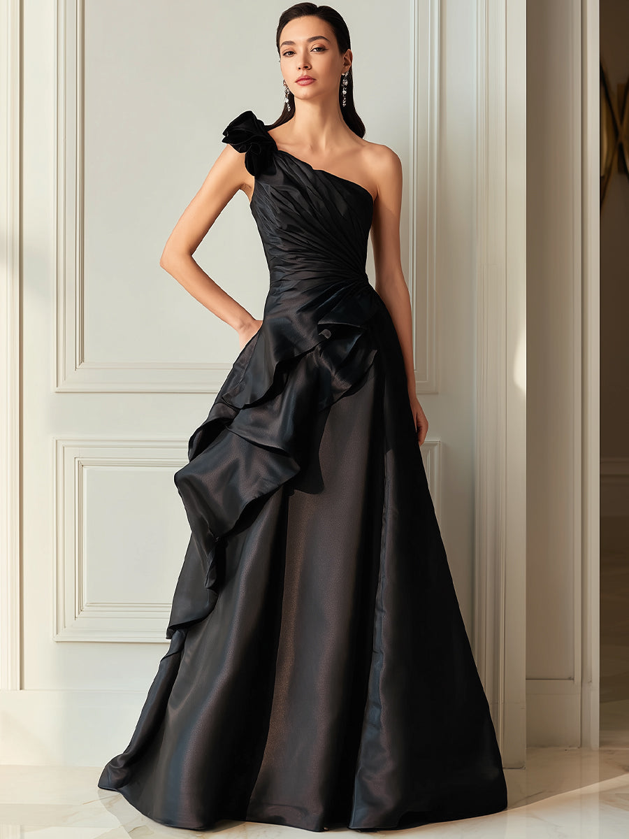 Black One-Shoulder Sculpted Ruffle Evening Dress