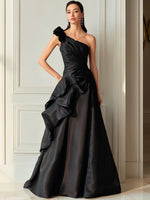 Black One-Shoulder Sculpted Ruffle Evening Dress