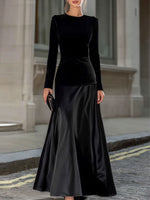 Black Satin Long-Sleeve A-Line Evening Gown