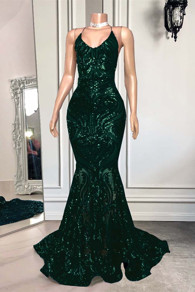 Hidais Mermaid Spaghetti Strap Sleeveless Royal Blue Long Prom Dress With Sequins