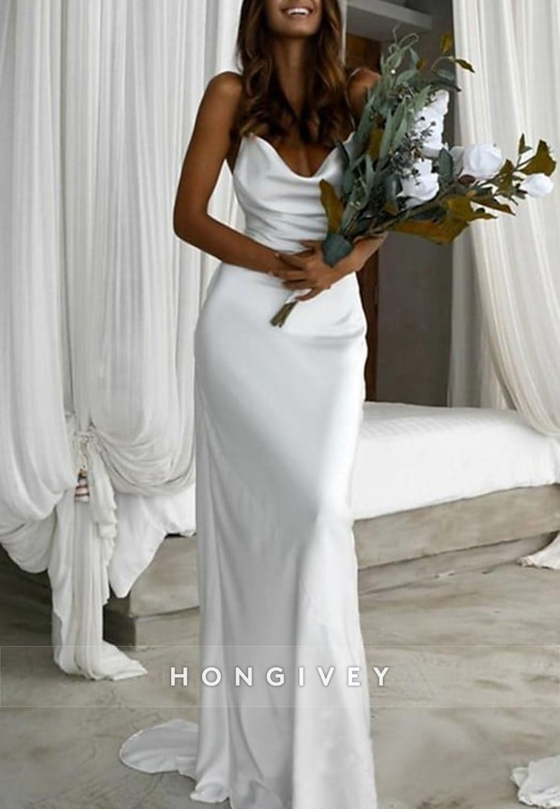Spaghetti Straps Cowl Neck Floor-Length Column Pleated Wedding Dresses