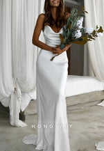 Spaghetti Straps Cowl Neck Floor-Length Column Pleated Wedding Dresses