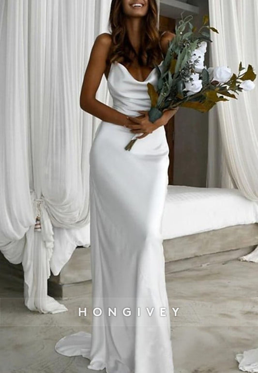 Spaghetti Straps Cowl Neck Floor-Length Column Pleated Wedding Dresses