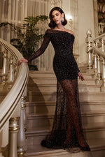 Black Long Sleeves Mermaid Sequins One-Shoulder Evening Dress