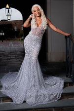 Modern Silver V-Neck Sleeveless Mermaid Prom Dress Sequins Long With Beadings