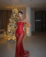 Hidais Red Tulle Strapless Sleeveless Long Mermaid Prom Dress With Sequins And Corset