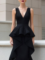 Lace Peplum High-Low Hem Sleeveless Midi Dress