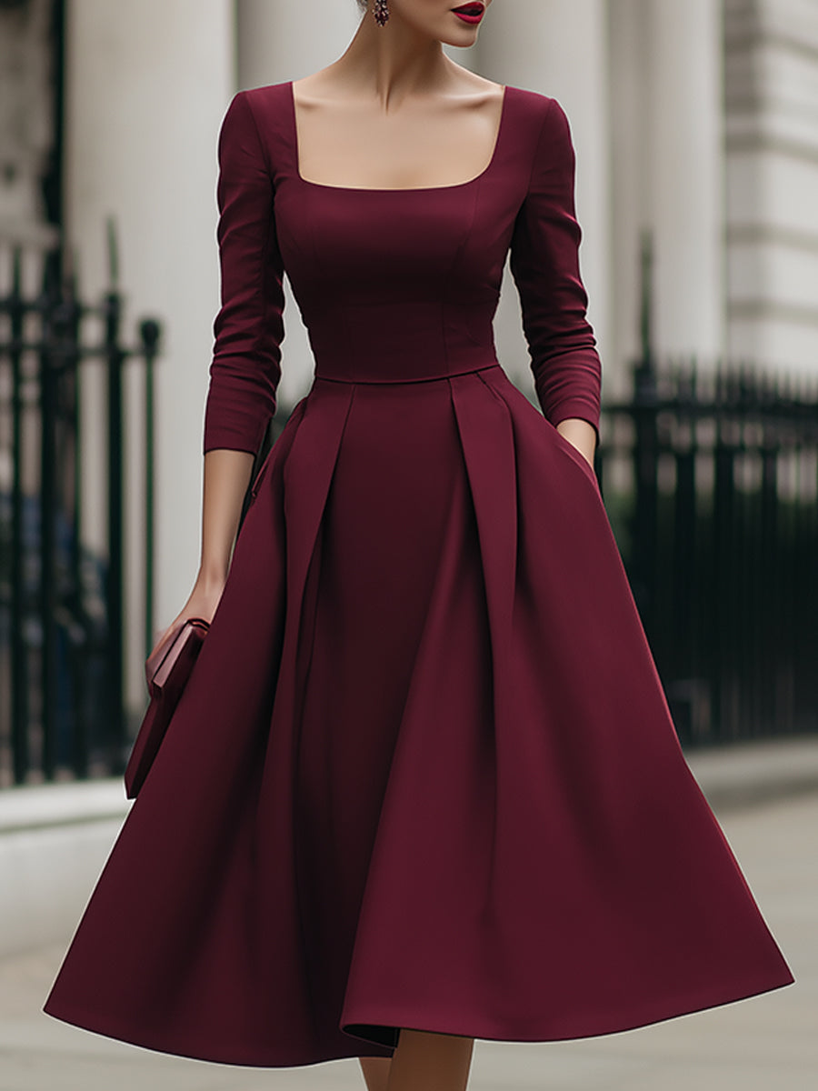 Elegant Square-Neck Plain A-Line Midi Evening Dress