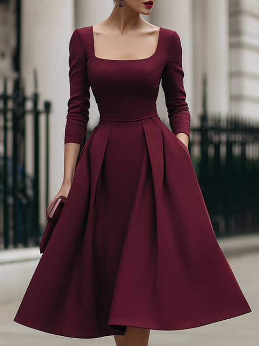 Elegant Square-Neck Plain A-Line Midi Evening Dress