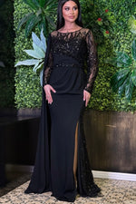 O-Neck Long Sleeve Sequins Sparkle Mrmaid Side Slit Evening Dress