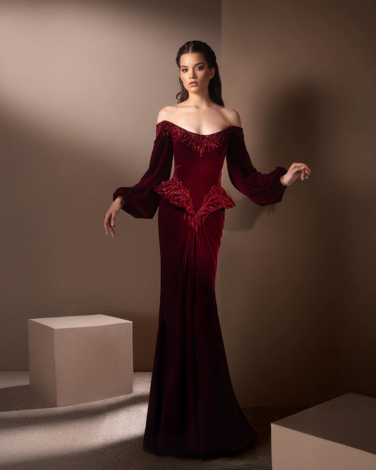 Mermaid Red Off the Shoulder Sequins Long Sleeve Evening Dress